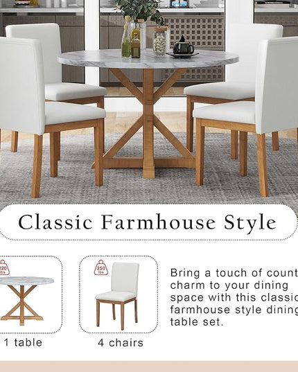 NicBex Small Dining Table Set for 4 Round Dining Table Set 5-Piece Dining Table Set, Marble Sticker and Cross Bracket Pedestal Dining Table, and 4 Upholstered Chairs, White+Walnut - LeafyLoom