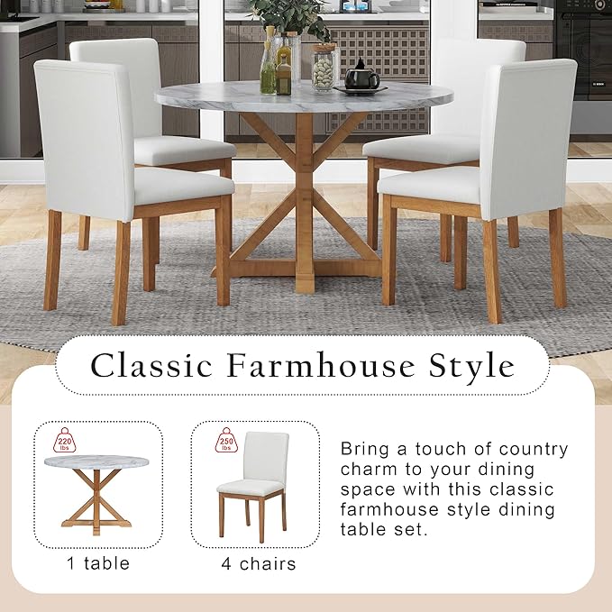 NicBex Small Dining Table Set for 4 Round Dining Table Set 5-Piece Dining Table Set, Marble Sticker and Cross Bracket Pedestal Dining Table, and 4 Upholstered Chairs, White+Walnut - LeafyLoom