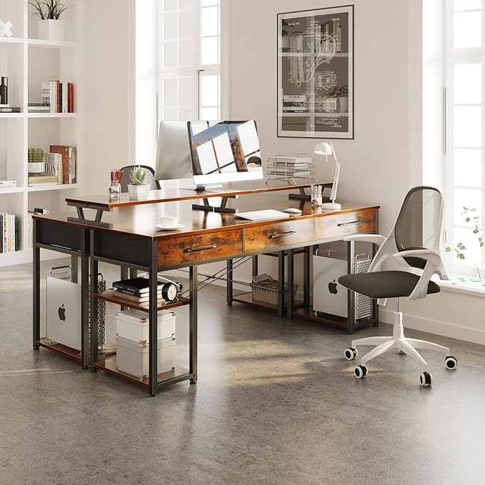 ODK Computer Desk with Drawers and Storage Shelves, 63 inch Home Office desk with Monitor Stand, Modern Work Study writing table Desk for Small Spaces, Vintage - LeafyLoom