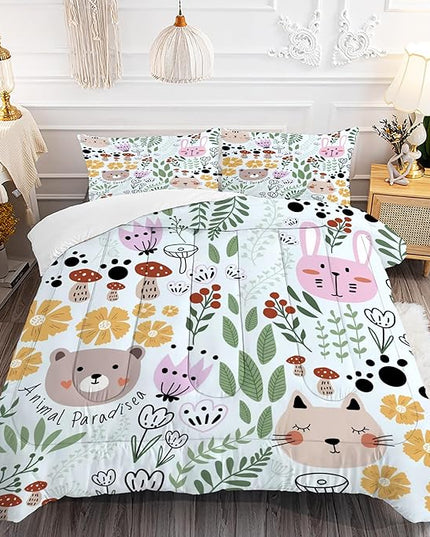 Floral Cartoon Cat Comforter Set Bedding Twin Size for Girls Boys Kids Children Green Animals Print Bedroom Dorm Quilt 1 Comforter + 1 Pillow Case - LeafyLoom