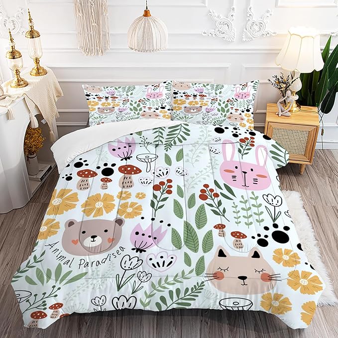 Floral Cartoon Cat Comforter Set Bedding Twin Size for Girls Boys Kids Children Green Animals Print Bedroom Dorm Quilt 1 Comforter + 1 Pillow Case - LeafyLoom