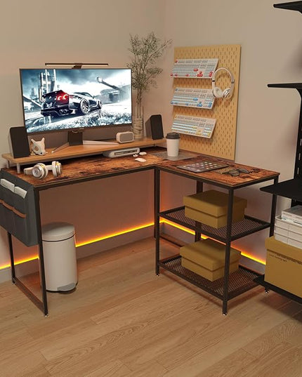 VECELO L Shaped Computer Gaming Corner Desk with Storage Bag and Shelf Home Office Table for Study Writing Room, Small Space Workstation, Easy to Assemble, Brown - LeafyLoom