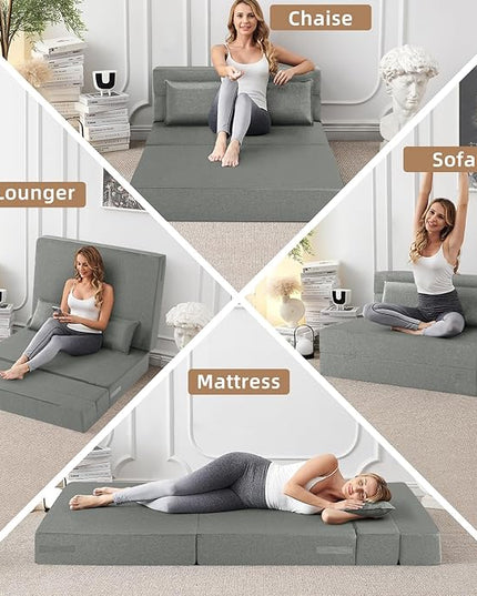 Convertible Folding Sofa Bed-Sleeper Chair with Pillow, Modern Linen Fabric Floor & Futon Couch, Foldable Mattress for Living Room/Dorm/Guest Use/Home Office/Apartment, Queen Size, Light Gray - LeafyLoom