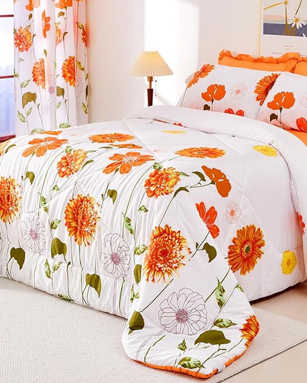 EVENHUG Twin Comforter Set 5 Pieces Reversible Twin Size Comforters for All Season Orange Sunflower Floral Bedding Sets Bed in a Bag with Flat Sheet and Fitted Sheet,Pillowcases & Shams - LeafyLoom