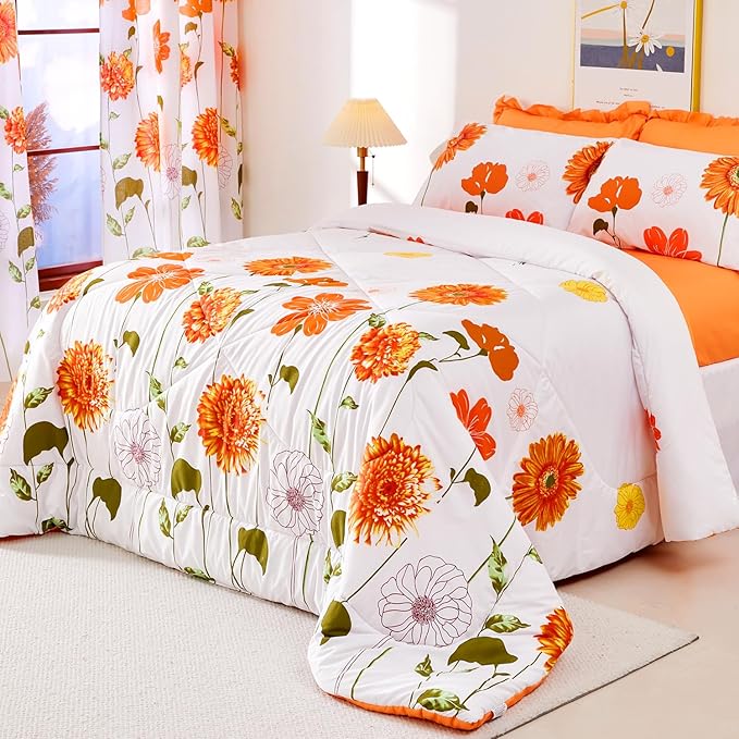 EVENHUG Twin Comforter Set 5 Pieces Reversible Twin Size Comforters for All Season Orange Sunflower Floral Bedding Sets Bed in a Bag with Flat Sheet and Fitted Sheet,Pillowcases & Shams - LeafyLoom