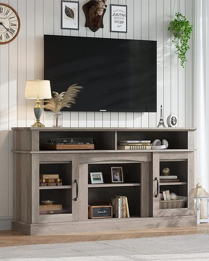 58 Inch TV Stand, Television Stands with 2 Tempered Glass Doors, Storage Cabinet and Shelves, Entertainment Center for Living Room, Barnwood - LeafyLoom