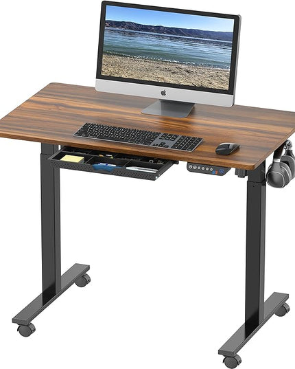SHW Electric Height Adjustable Mobile Rolling Standing Desk Workstation, 40 x 24 Inches, Walnut - LeafyLoom