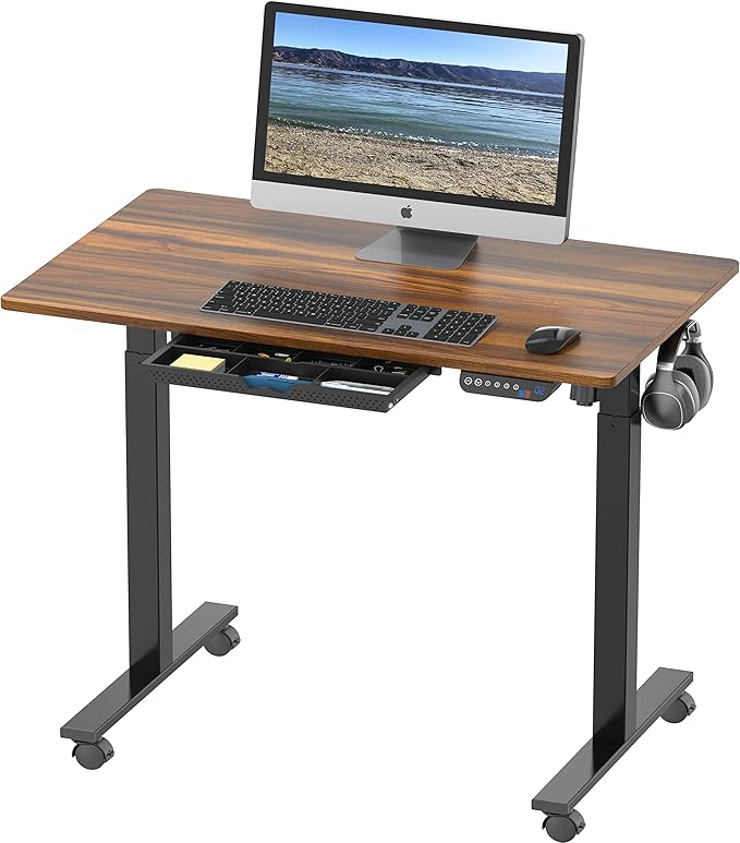SHW Electric Height Adjustable Mobile Rolling Standing Desk Workstation, 40 x 24 Inches, Walnut - LeafyLoom