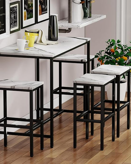 Yongchuang 5 Piece Bar Table Set, Kitchen Bar Table and Chairs Set of 4, Modern Metal Counter Height Table with Stools for Dining Room, Living Room Breakfast Table White Faux Marble Wood Top - LeafyLoom