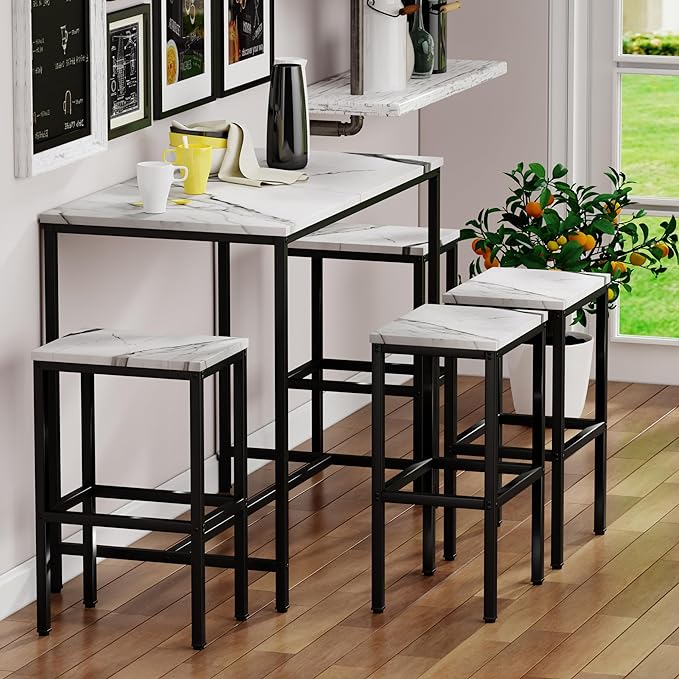 Yongchuang 5 Piece Bar Table Set, Kitchen Bar Table and Chairs Set of 4, Modern Metal Counter Height Table with Stools for Dining Room, Living Room Breakfast Table White Faux Marble Wood Top - LeafyLoom