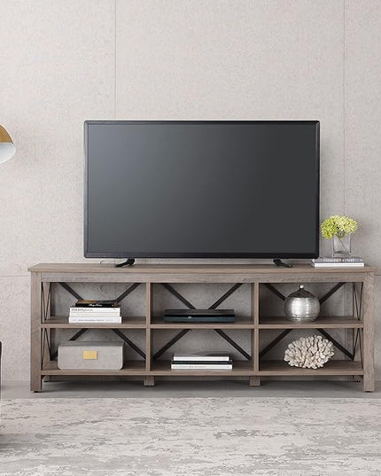 Henn&Hart Rectangular TV Stand for TV's up to 80" in Gray Oak, Electric Fireplace TV Stands for the Living Room - LeafyLoom