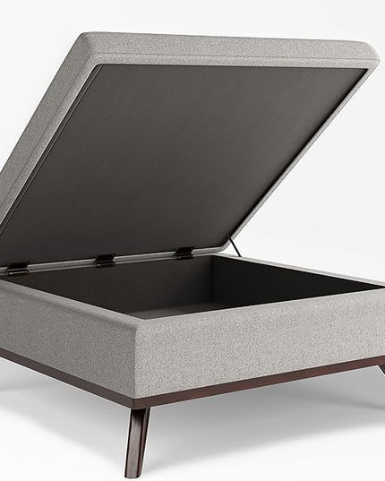 SIMPLIHOME Owen 36 Inch Wide Mid Century Modern Square Coffee Table Lift Top Storage Ottoman in Upholstered Cloud Grey Taupe Polyester Fabric, For the Living Room - LeafyLoom