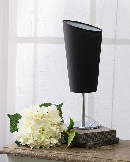Simple Designs LT2061-BLK Mini Chrome Angled Fabric Shade Table Lamp, Black - LeafyLoom