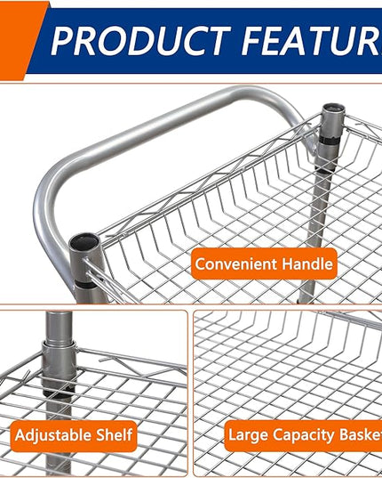3 Tier Heavy Duty Rolling Utility Cart,18" D x 30" W x 36.6" H Rolling Carts with Wheels,Commercial Grade Metal Cart with Handle Bar & Shelf Liner,Trolley Serving Storage Cart for Kitchen Silver - LeafyLoom