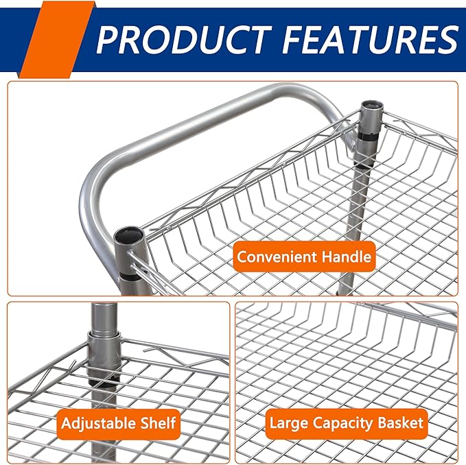 3 Tier Heavy Duty Rolling Utility Cart,18" D x 30" W x 36.6" H Rolling Carts with Wheels,Commercial Grade Metal Cart with Handle Bar & Shelf Liner,Trolley Serving Storage Cart for Kitchen Silver - LeafyLoom
