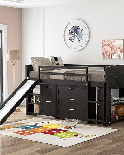 Twin Size Loft Bed with Slide and Storage Cabinets, Low Loft Bed Frame with Shelves for Kids and Teens, Wooden Loft Beds for Bedroom Guestroom, No Box Spring Needed, Espresso - LeafyLoom