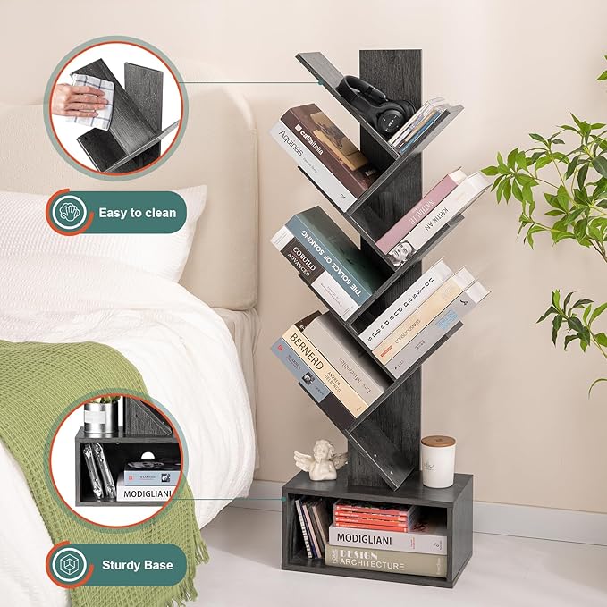 Yoobure Tree Bookshelf - 6 Shelf Retro Floor Standing Bookcase, Tall Wood Book Storage Rack for CDs/Movies/Books, Utility Book Organizer Shelves for Bedroom, Living Room, Home Office, Dark Grey - LeafyLoom
