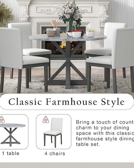 NicBex Small Dining Table Set for 4 Round Dining Table Set 5-Piece Dining Table Set, Marble Sticker and Cross Bracket Pedestal Dining Table, and 4 Upholstered Chairs, White+Gray - LeafyLoom