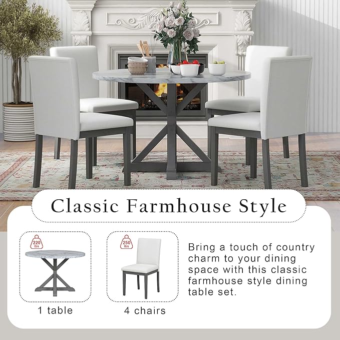 NicBex Small Dining Table Set for 4 Round Dining Table Set 5-Piece Dining Table Set, Marble Sticker and Cross Bracket Pedestal Dining Table, and 4 Upholstered Chairs, White+Gray - LeafyLoom