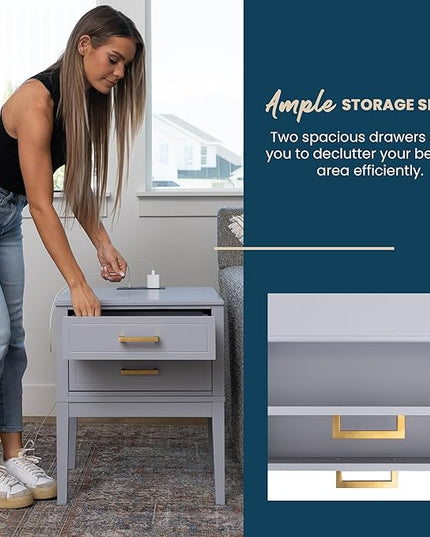 2 Drawer Side Table with Charging Station - Mid Century Modern with Polished Gold Handles, 2 USB Ports & 2 Outlets - Multifunctional Smart Bedside Table Nightstand for Your Home - 24" Tall (Gray) - LeafyLoom