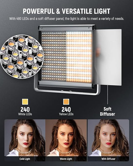 Neewer 2 Packs Dimmable Bi-Color 480 LED Video Light and Stand Lighting Kit Includes: 3200~5600K CRI 96+ LED Panel with U Bracket, 75 inches Light Stand for YouTube Studio Photography, Video Shooting Neewer