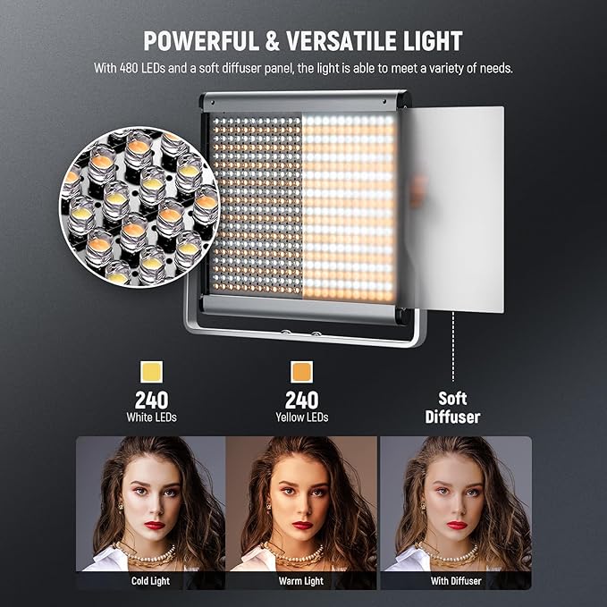 Neewer 2 Packs Dimmable Bi-Color 480 LED Video Light and Stand Lighting Kit Includes: 3200~5600K CRI 96+ LED Panel with U Bracket, 75 inches Light Stand for YouTube Studio Photography, Video Shooting Neewer