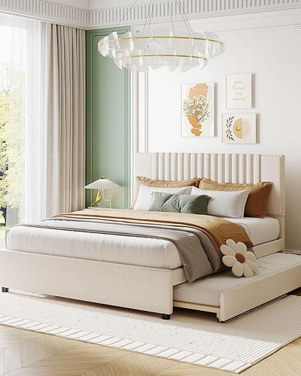 Queen Size Linen Upholstered Platform Bed with 2 Drawers and Twin XL Size Trundle,Solid Wood Bed Frame w/Classic Headboard Design,for Bedroom,Apartment,Living Room,Beige - LeafyLoom