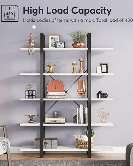 Tribesigns 5-Tier Bookshelf, Vintage Industrial Style Bookcase 72 H x 12 W x 47L Inches, White - LeafyLoom