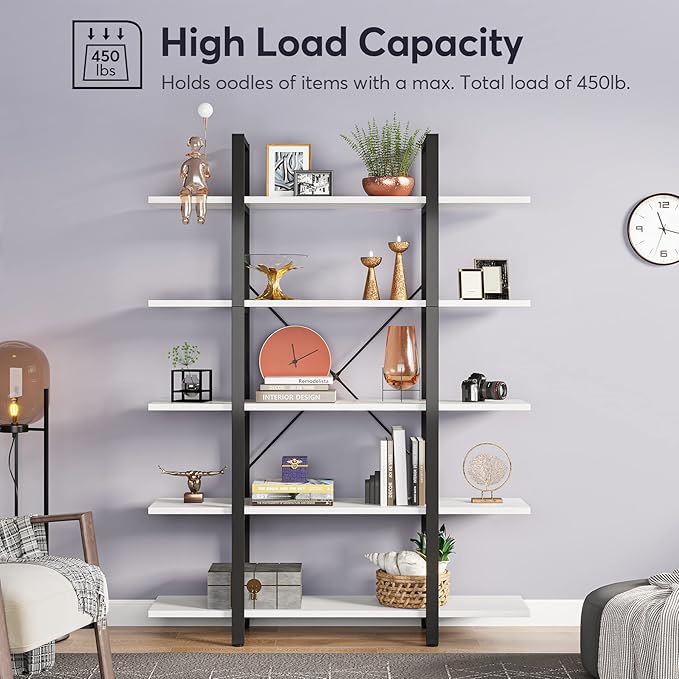 Tribesigns 5-Tier Bookshelf, Vintage Industrial Style Bookcase 72 H x 12 W x 47L Inches, White - LeafyLoom