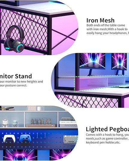 Lvifur 67” L Shaped Desk with Wireless Charging Station,24-Color RGB Dimmable Computer Desk with Pegboard,Gaming Desk with Monitor Stand, Display Stand,Human Sensor Lights for Home Office - LeafyLoom