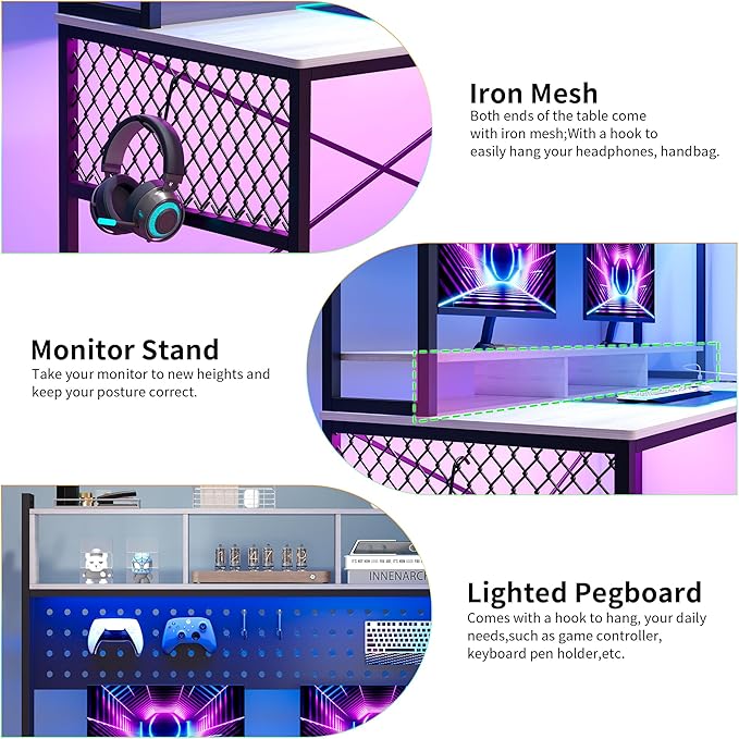 Lvifur 67” L Shaped Desk with Wireless Charging Station,24-Color RGB Dimmable Computer Desk with Pegboard,Gaming Desk with Monitor Stand, Display Stand,Human Sensor Lights for Home Office - LeafyLoom