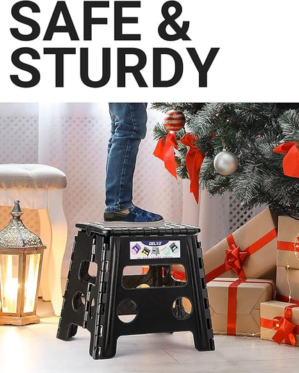 Delxo Folding Step Stool, 13 inch Non-Slip Foldable Stools for Kids & Adults Up to 300 LBS, Step Stool with Handle, Lightweight for Kitchen, Bathroom, Bedroom, Garden, Black, 1PC - LeafyLoom