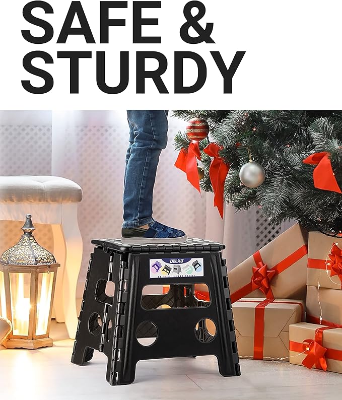 Delxo Folding Step Stool, 13 inch Non-Slip Foldable Stools for Kids & Adults Up to 300 LBS, Step Stool with Handle, Lightweight for Kitchen, Bathroom, Bedroom, Garden, Black, 1PC - LeafyLoom