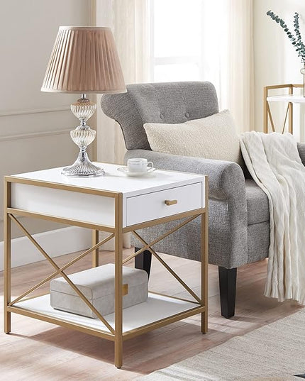 Leick Home 9206-WTGL Claudette One Drawer Mixed Metal and Wood Side Table with Shelf, White/gold - LeafyLoom