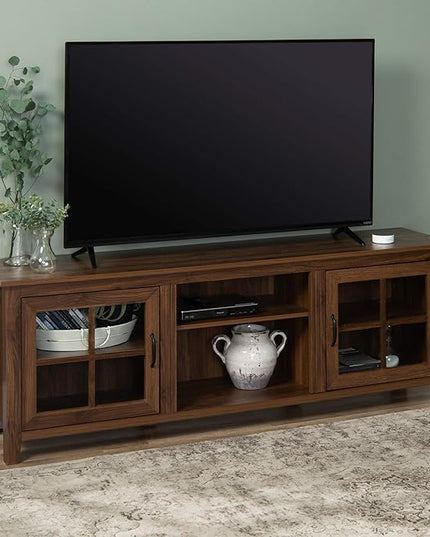 Walker Edison Portsmouth Classic 2 Glass Door Stand for TVs up to 80 Inches, 70 Inch, Dark Walnut - LeafyLoom
