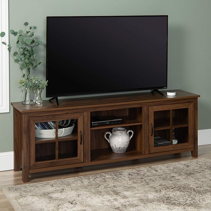 Walker Edison Portsmouth Classic 2 Glass Door Stand for TVs up to 80 Inches, 70 Inch, Dark Walnut - LeafyLoom