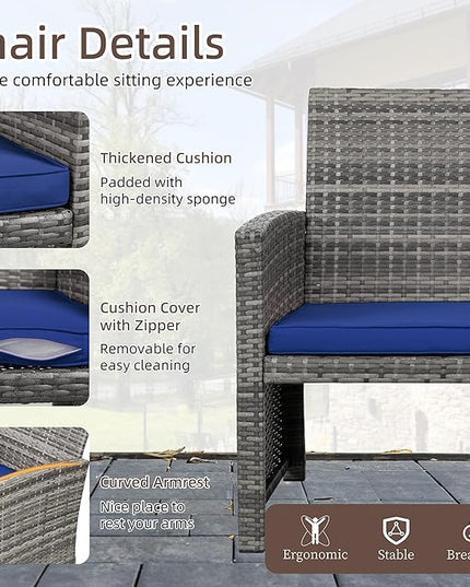 Shintenchi 4-Piece Outdoor Gray Wicker Patio Conversation Furniture Set, Rattan Patio Furniture Set with Weather Resistant Cushions and Tempered Glass Tabletop,Navy Blue - LeafyLoom