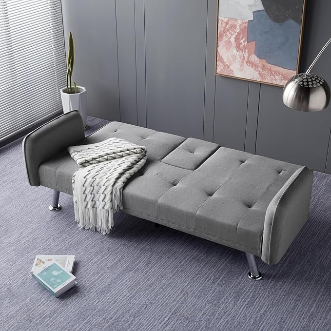 74.8" Modern Living Room Furniture Sets Tufted Loveseat Sofa Convertible Folding Futon Sleeper Couchbed with Cup Holder/Removable Armrests/Adjusting Backrest for Apartment,Home,Light Gray Sofá - LeafyLoom