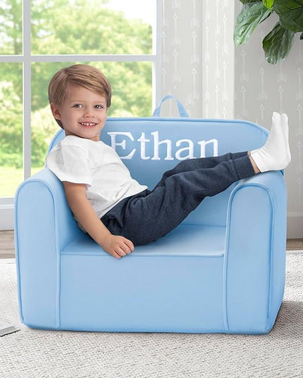 Delta Children Personalized Cozee Chair - Customize with Name – Foam Kids Chair for Ages 18 Months and Up, Powder Blue - LeafyLoom