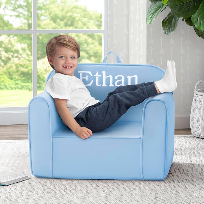 Delta Children Personalized Cozee Chair - Customize with Name – Foam Kids Chair for Ages 18 Months and Up, Powder Blue - LeafyLoom