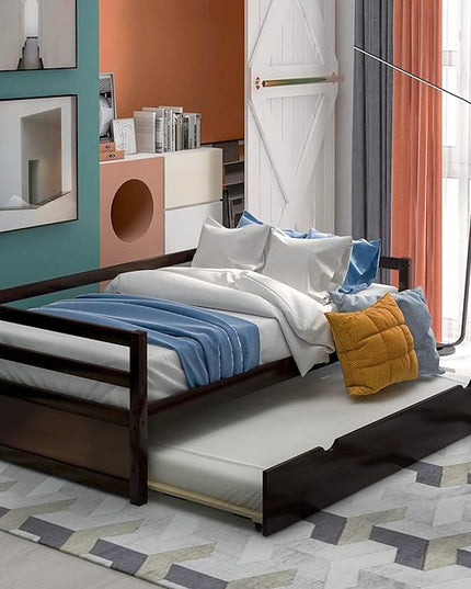 Twin Size Daybed with Hideaway Trundle,Multifunction Solid Wood Bed Frame,W/Wooden Slat Support and Guardrails,No Box Spring Needed,for Bedroom Children Room,Espresso - LeafyLoom