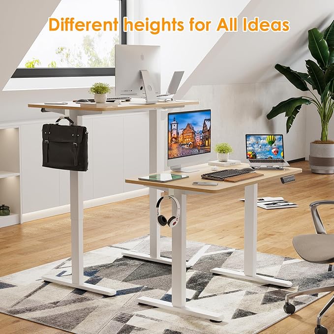 STARY Electric Adjustable Height Sit Stand Home Office Desk with Splice Board, 40x24, Castin Oak Desktop/White Frame - LeafyLoom