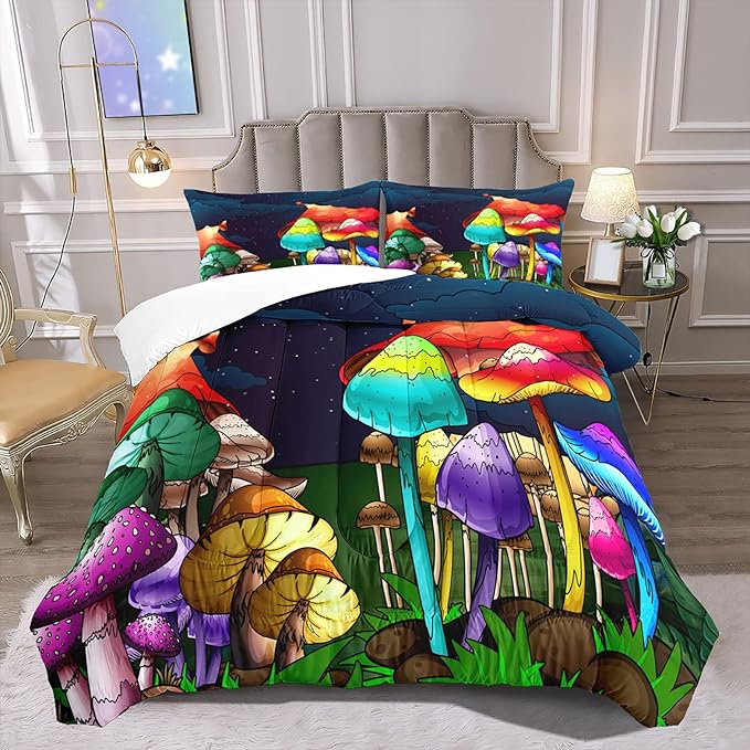 Mushroom Twin Comforter Sets for Girls Mushroom Print Kids Twin Bedding Set Mushroom Twin Girls Bedding Set Twin Comforter Set for Girl, Colorful, 1 Comforter+1 Pillowcase - LeafyLoom