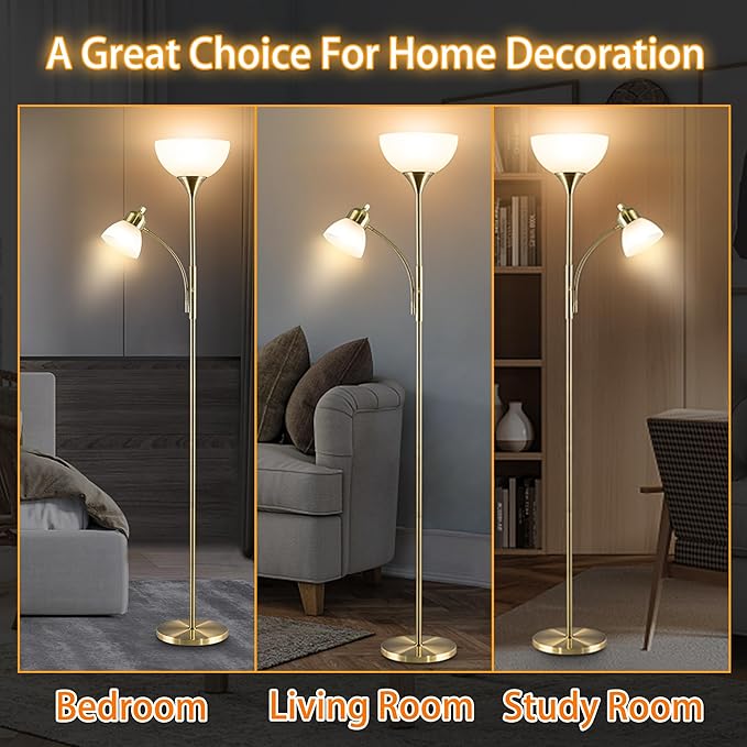 Floor Lamp, Dimmable Standing lamp, 3 Levels Dimmable Brightness, Included 9W and 5W LED Bulbs, Industrial Floor Lamp for Living Room, Bedroom, Office, Reading - LeafyLoom