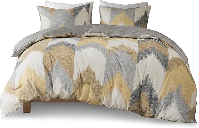 INK+IVY Queen Size Comforter Set, Cozy Cotton Comforter, All Season, Lightweight Comforter Queen Bed Set with 2 Matching Shams, Modern Cabin Lodge Ikat Chevron Design, Yellow Full/Queen 3 Piece - LeafyLoom