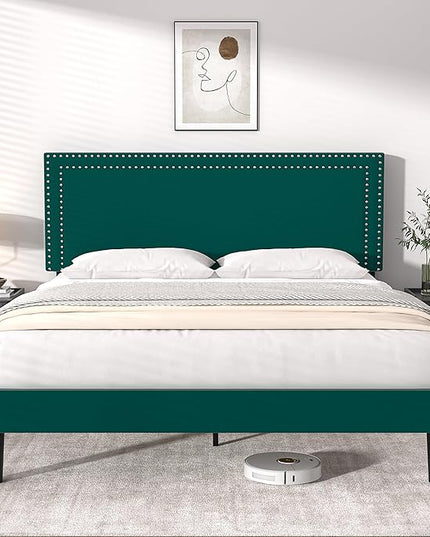 VECELO Full Size Platform Bed Frame with Height Adjustable Upholstered Headboard, Modern Mattress Foundation,Strong Wood Slat Support, No Box Spring Needed, Easy Assembly - LeafyLoom