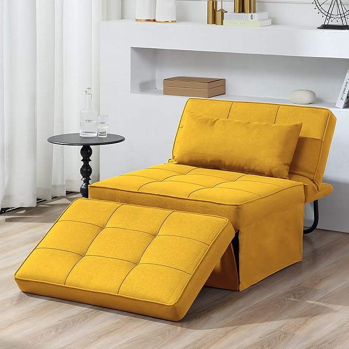 Sofa Bed, 4 in 1 Multi-Function Folding Ottoman Breathable Linen Couch Bed with Adjustable Backrest Modern Convertible Chair for Living Room Apartment Office, Yellow - LeafyLoom