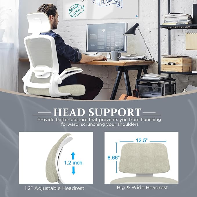Mimoglad Office Chair, High Back Ergonomic Desk Chair with Adjustable Lumbar Support and Headrest, Swivel Task Chair with flip-up Armrests for Guitar Playing, 5 Years Warranty - LeafyLoom