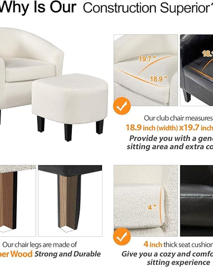 Yaheetech Accent Chair and Ottoman Set, Modern Fuzzy Sherpa Barrel Chair and Footrest, Comfy Boucle Armchair and Footstool for Living Room/Bedroom/Reading Room/Guestroom, Ivory - LeafyLoom