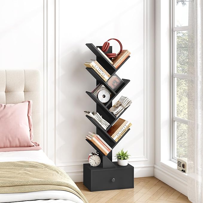 9 Tier Tree Bookshelf, Tree Bookcase with Drawer, Floor Standing Tall Wood Bookshelves, Modern Book Organizer for Living Room, Bedroom, Home Office, Black - LeafyLoom